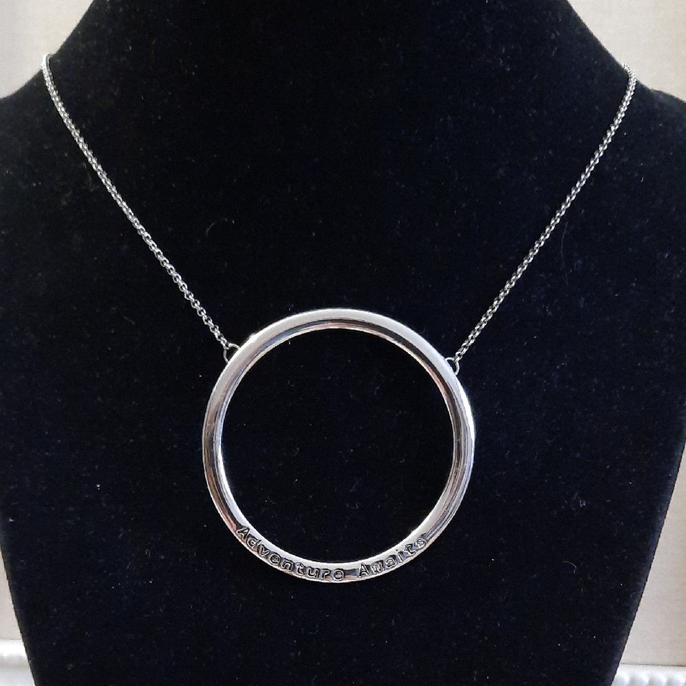 Silver-tone "Adventure Awaits" Circle Pendant Necklace
